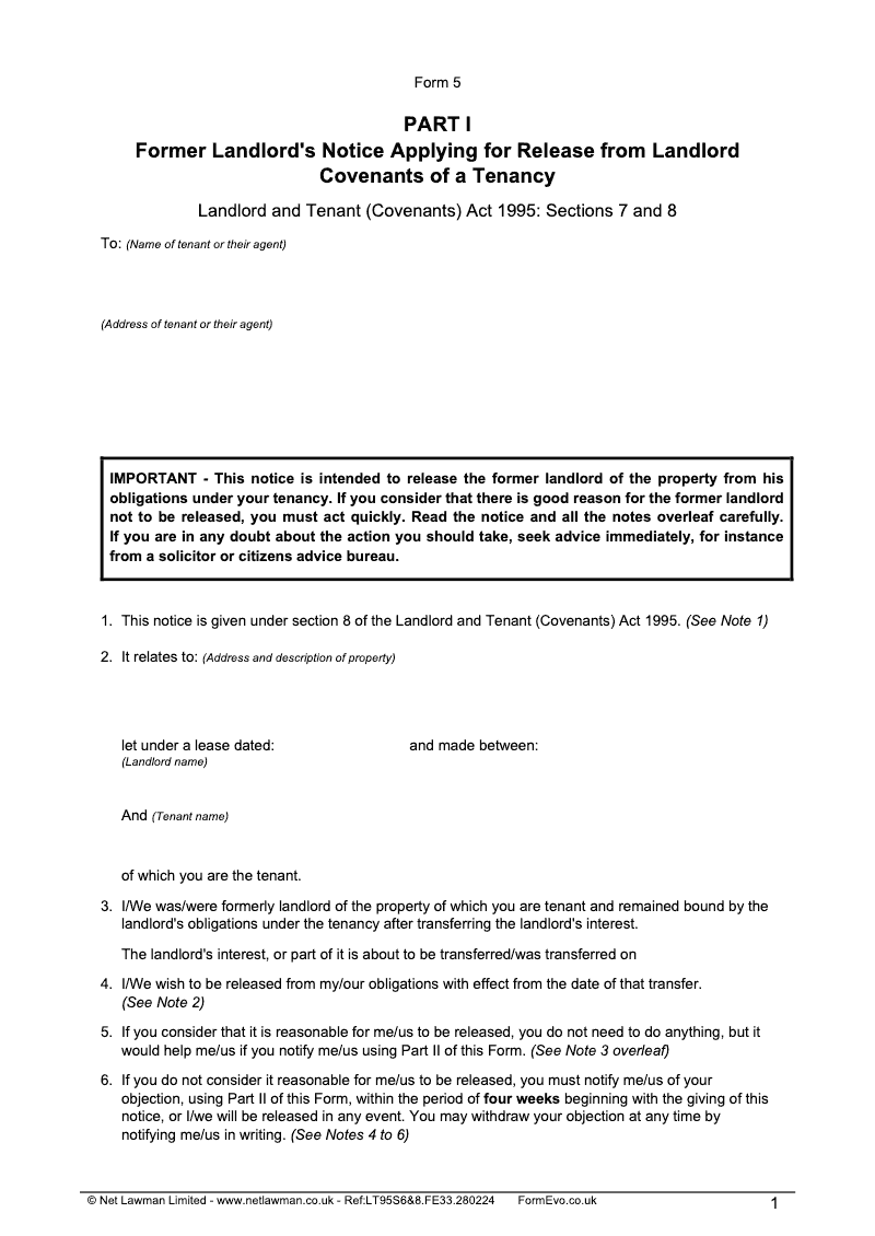 LT75 Former Landlord s Notice Applying for Release from Landlord Covenants of a Tenancy Form 5 [L T96] preview